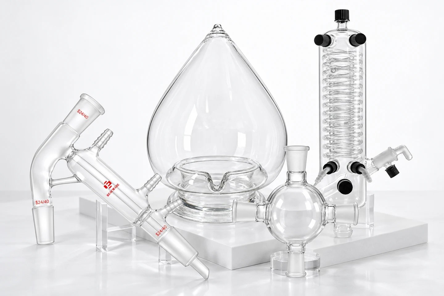 Studio composition of an alembic flask, short-path condenser, coil condenser and spherical glass adapter