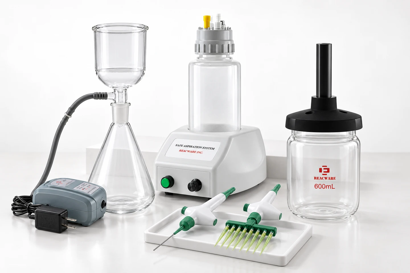 Studio composition of vacuum aspiration equipment, filtration glassware with mini pump, freeze-drying flask and aspiration handles